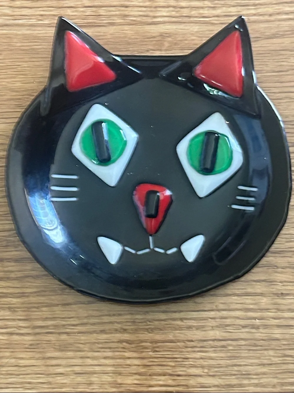 Black Cat Ceramic Trinket Dish - Green Eyes, Red Accents